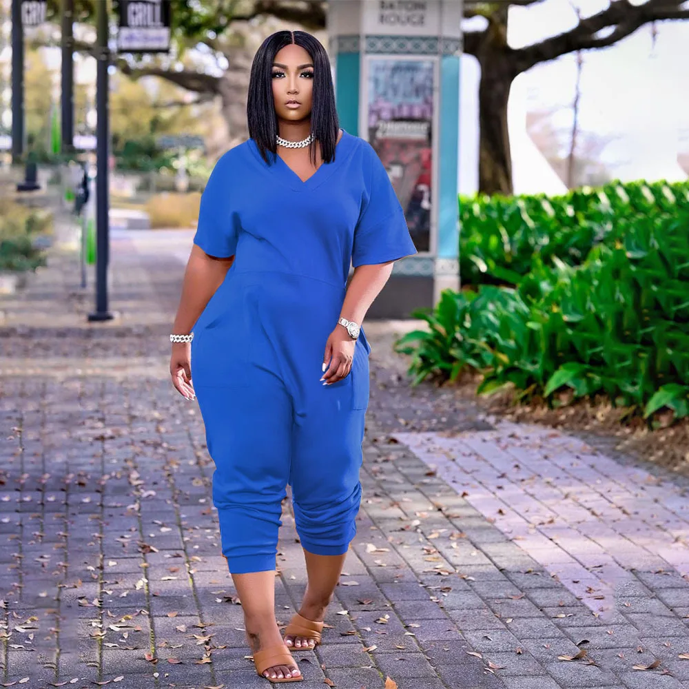 Plus Size Women Long Jumpsuit Solid Pocket Loose One Piece Cloth Lady Pencil Pants 2023 Summer Female Elegant Jumpsuits