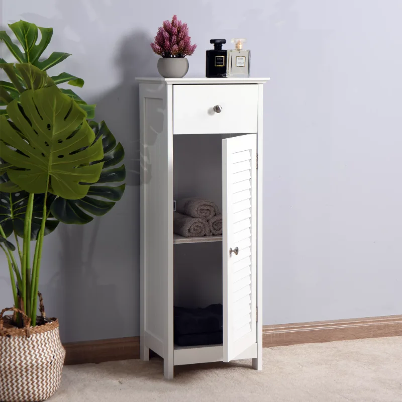 

SUGIFT Floor Cabinet Storage Organizer Set with Drawer and Single Shutter Door Wooden Bathroom Bedroom Living Room White