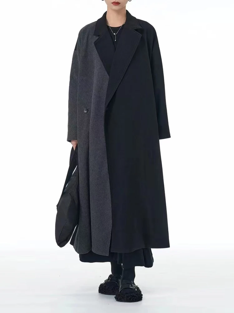 [EAM] Оранжевое длинное шерстяное пальто большого размера с цветными блоками новая