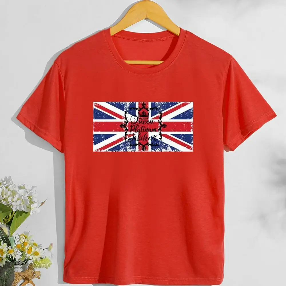 

Casual Flag Tshirt Polyester Unisex Crew Neck Queen Elizabeth Union Jack T-Shirt Platinum Jubilee T Shirt