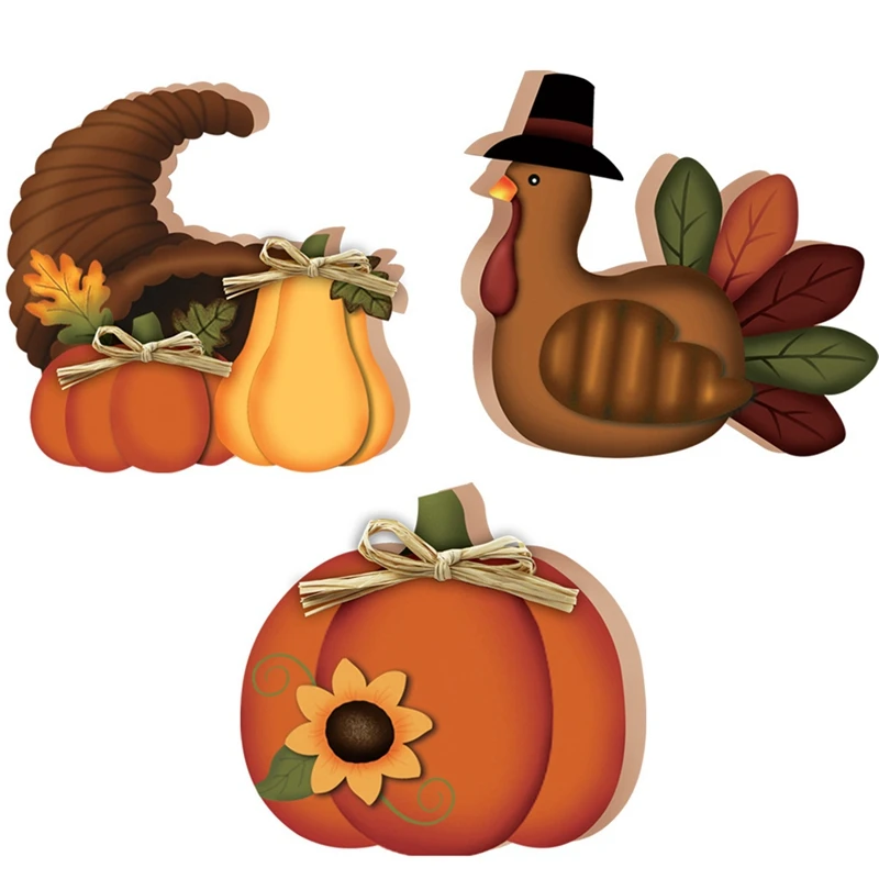 

3Pcs Thanksgiving Wooden Ornaments Harvest Festival Pumpkin Turkey Party Scene Layout Home Decoration Crafts
