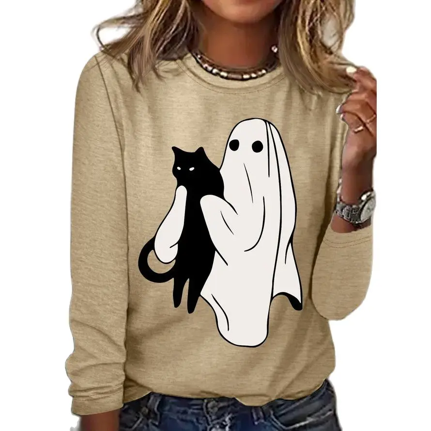 

Women's Halloween Ghost Cats T-Shirts Funny 3d Cartoon Print O-Neck Fashion Harajuku Oversized Long Sleeve T-Shirts For Women