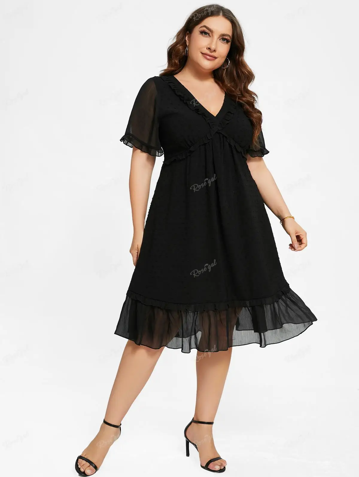 

ROSEGAL Plus Size Lace Trim Sheer Ruffles Dress Black Elegant V-Neck Casual Dresses For Women Streetwear A-Line Vestidos