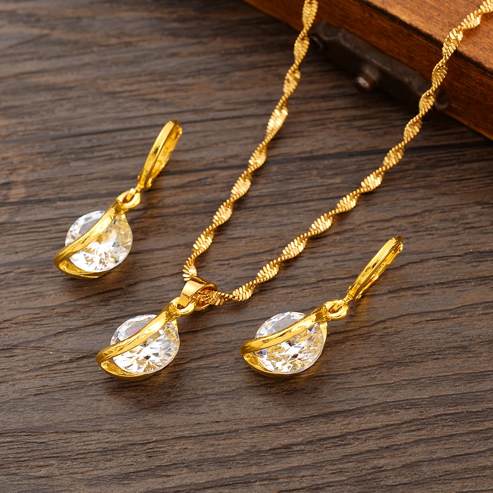 

Dubai Gold Color Women Party Jewelry Sets White Stone Charms For Girls Kid