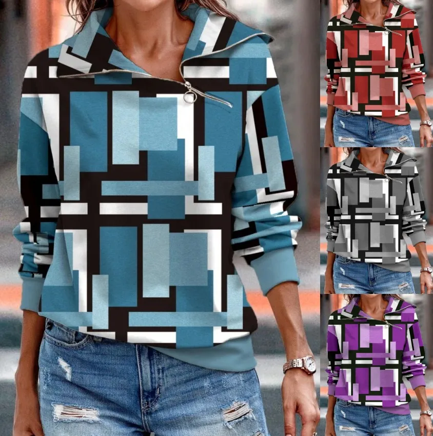 

2022 Women's Fashionable Autumn and Winter New Printed Zipper High Neck Sweater