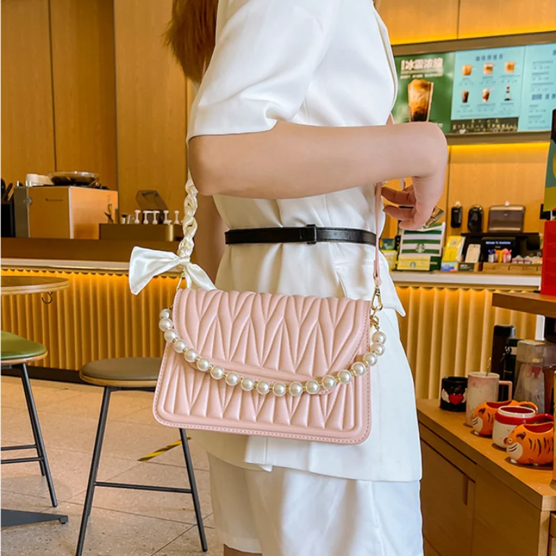 Women's Luxury Brand Design Pearl Chain Mini Shoulder Bag Fashion Leather Rhombus Pattern Crossbody Small tote Bags for Femele