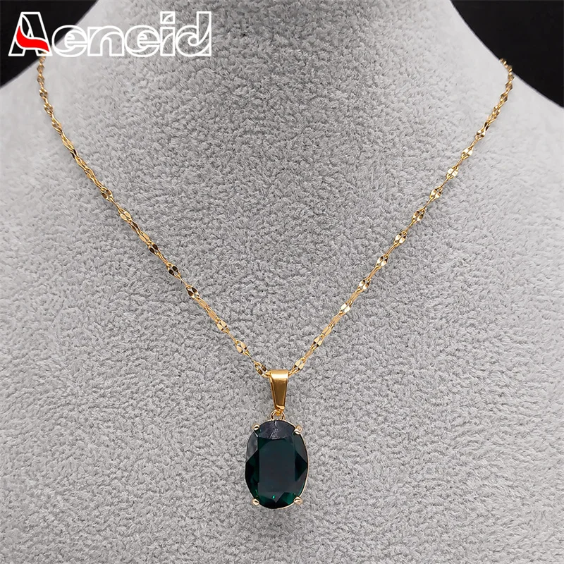 

Green Oval Glass Pendant Necklaces for Women Stainless Steel Vintage Clavicle Chain Party Aesthetic Jewelry collares mujer