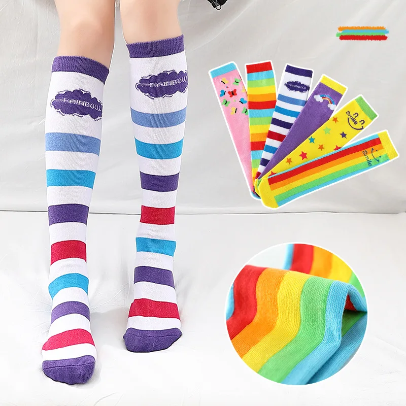 

1 pair of children's socks New Rainbow Striped children's knee-high socks cotton stockings cute girls socks kids socks