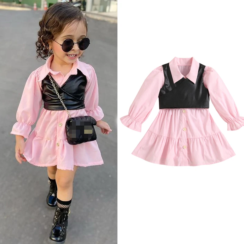 1-6Y Kids Toddler Baby Girls Clothing Dress Button Down Long Sleeve Shirt Dress + PU Leather Vest 2Pcs Girl Autumn Outfits