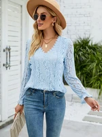 autumn and winter new solid color hollow lace sexy v neck long sleeved lace casual top womens elegant and chic lady t shirt
