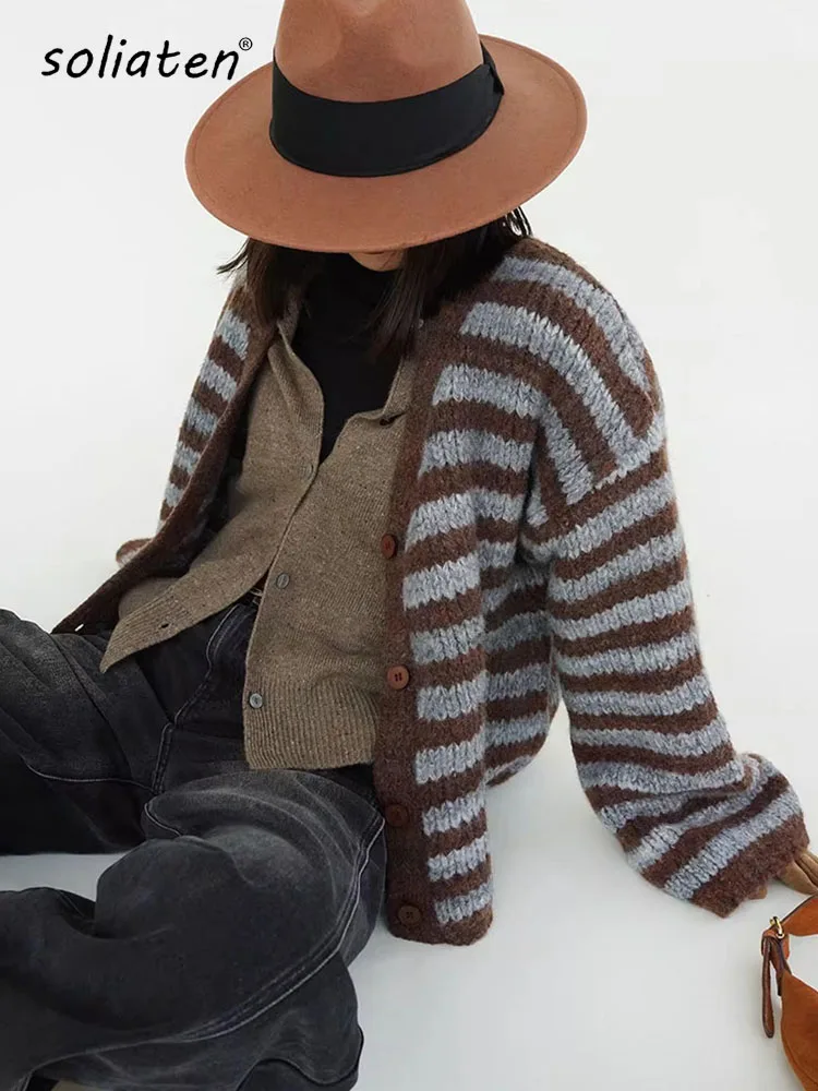 

Women Thicken Warm Striped Cardigans Contrast Color V Neck Designer Cardigan Women Fall Winter Single Breasted Sweaters C-302