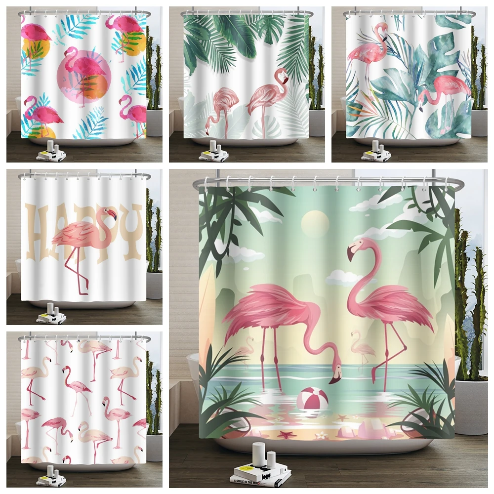 

Pink Flamingo Shower Curtains Green Plants Flowers Birds Bath Screen Home Decor Waterproof Fabric Bathroom Curtain with Hooks