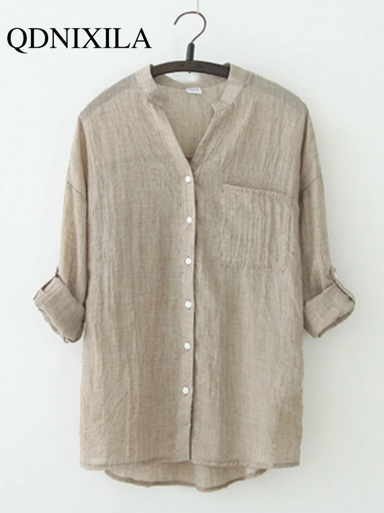 

Casual Loose Womens Tops and Blouses Harajuku Top White Blouse Shirt Sun Protection Cotton Linen V Neck Shirts Blusas Shirts