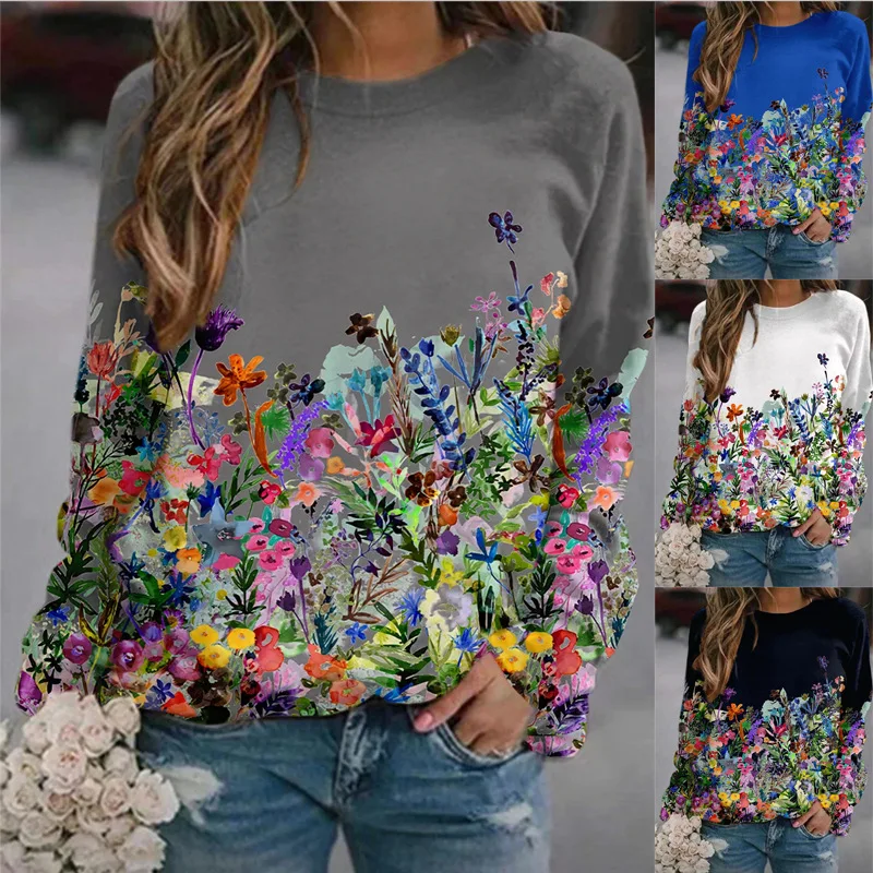 Autumn and Winter Flower Print Lady Long Sleeve Round Neck Sweater Women's Fashion Casual Versatile Top Female Shirts