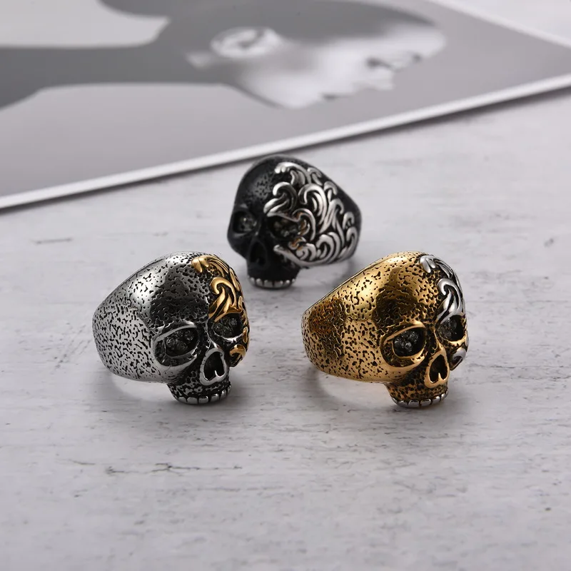 

Europe America Personality Retro Style Ring Men Women Lady Stainless Steel Engraved Pattern Skull Motorcycle Wide Rings US8-US12
