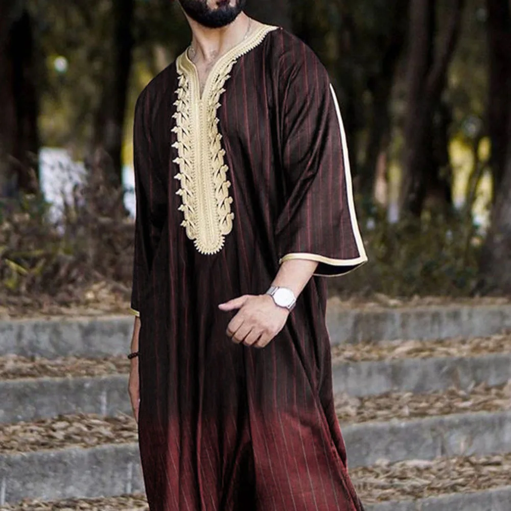 Islamic Large Size Straight Casual Striped Muslim Robe Shirt Male Spring and Summer Fashion Arabic Jubba Thobe