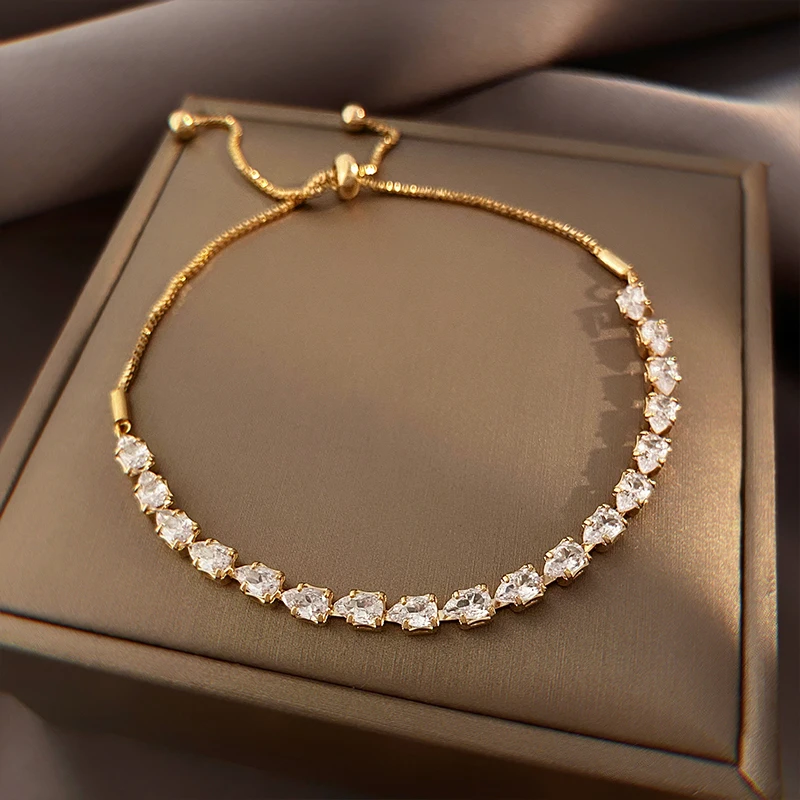 

14K gold plated Korean fashion jewelry simple atmosphere luxury shiny zircon adjustable bracelet elegant women's party bracelet