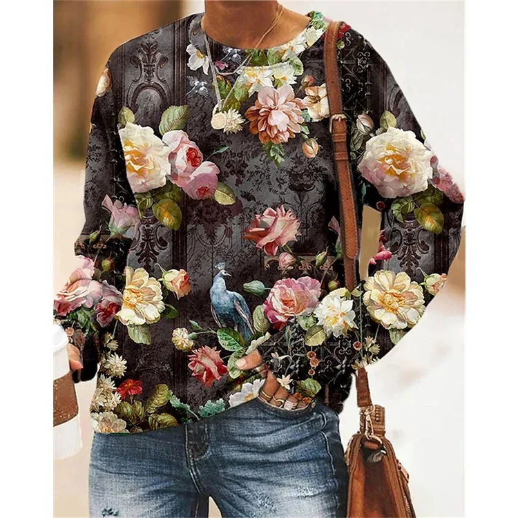 

2022 [New In] Women Casual T Shirt 3D Print Roses Flowers Pattern O-Neck Street Casual Oversized Tops Plus Size