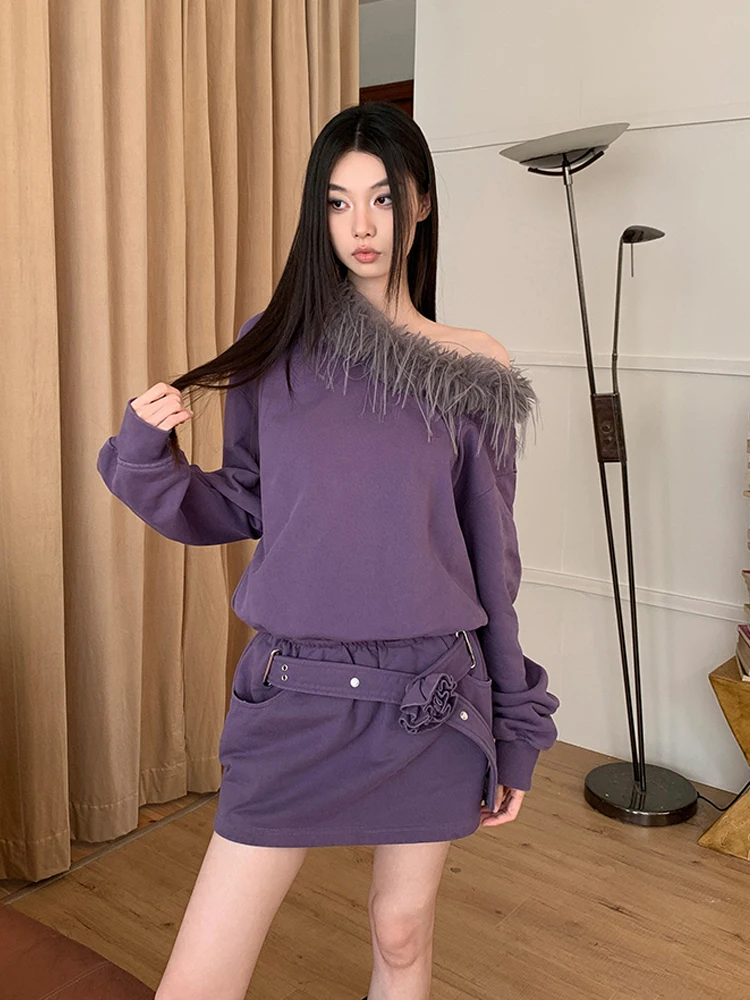 Платье-свитшот с открытыми плечами и меховым воротником платье 2025 года женское