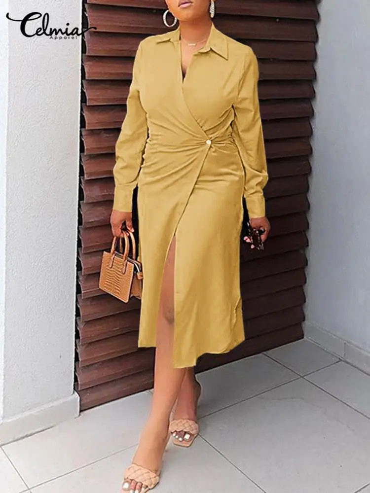

Celmia Long Sleeve Hem Slit Vestido Solid Color Streetwear Autumn 2022 Lapel Wrap Dress Fashion Casual Everyday Women Midi Dress