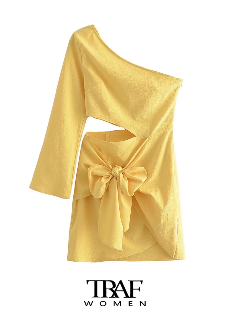 

TRAF Women Fashion With Tied Bow Hollow Out Asymmetrical Mini Dress Vintage One Shoulder Side Zipper Female Dresses Vestidos