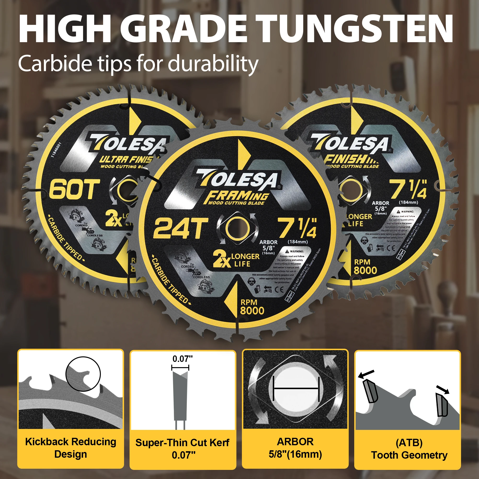 Пильные диски TOLESA 7-1/4 3 шт. 24/40/60 зубьев 5/8 дюйма для торцов ATB карбидные зубья