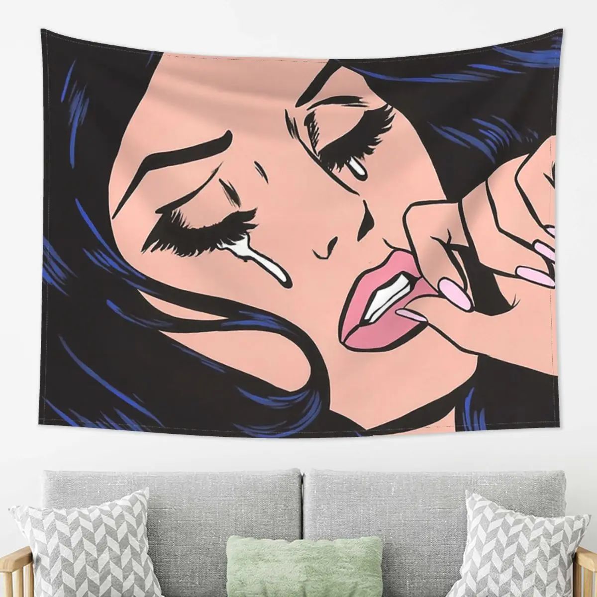 

Black Hair Crying Comic Girl Tapestry Decoration Art Aesthetic Tapestries for Living Room Bedroom Decor Home Hippie Wall Hanging