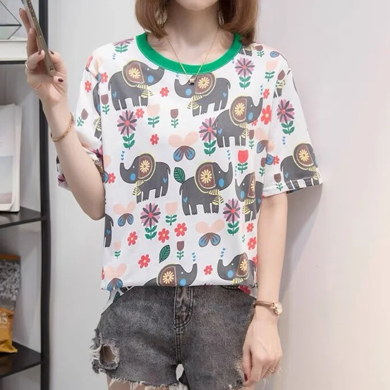 

2022 New Arrivals Women T Shirt harajuku cartoon print T-shirts korean Casual loose Short Sleeve white Tops students graphic tee