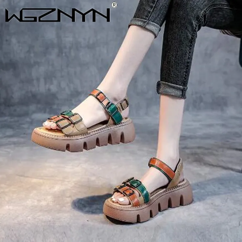 

Женские босоножки с пряжкой, босоножки из натуральной кожи на платформе и Плоском Каблуке, в стиле ретро, разные цвета, 2022