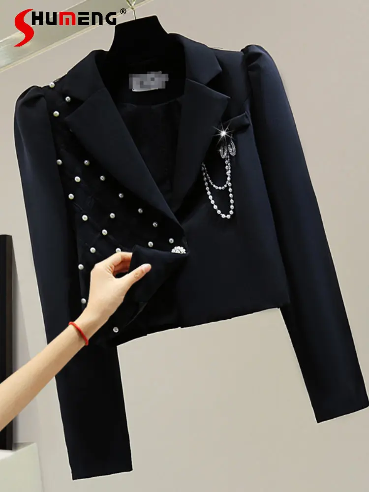 Korean Style Pure Color Beaded Short Blazers for Women 2022 Autumn and Winter Pure Color Long Sleeve Short Suit Blzer Feminino