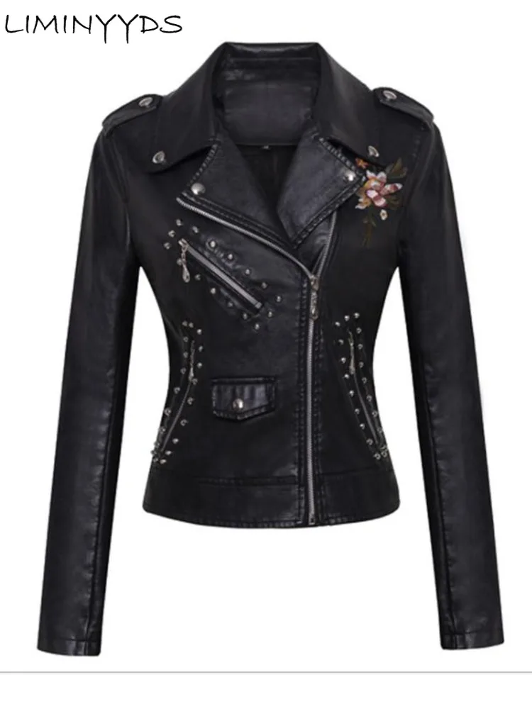 

Women Patchwork Leather Jackets Flower Embroidery Rivets Short Section Pu Leather Small Jackets Casual Motorcycle Coats
