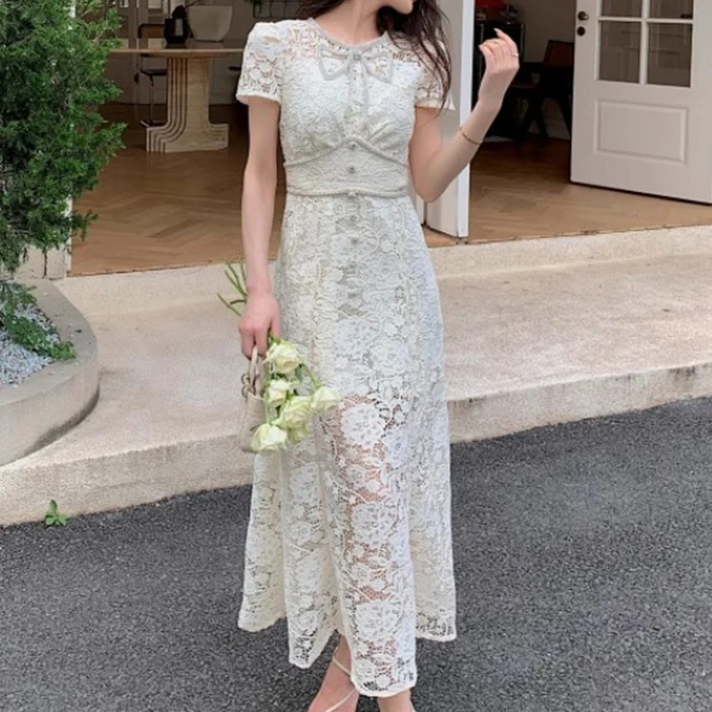 

Beige Lace Dress Women Hollow Out 2023 Diamonds Bow Evening Dresses Ladies Short-sleeve Luxury Design Vestido Party