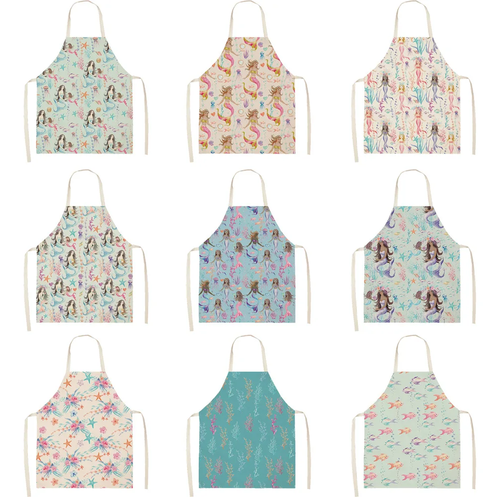 

kid apron Kawaii Girl Mermaid Printed Sleeveless Aprons Kitchen Women Cotton Linen Pinafore Home Cooking Baking Waist Bib 47x38