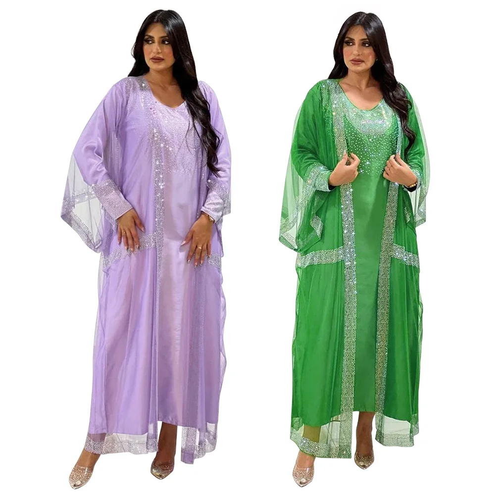 

Summer Spring Muslim Womem Long Sleeve O-neck Polyester Purple Green Diamonds Long Abaya Suit Muslim Fashion Dress