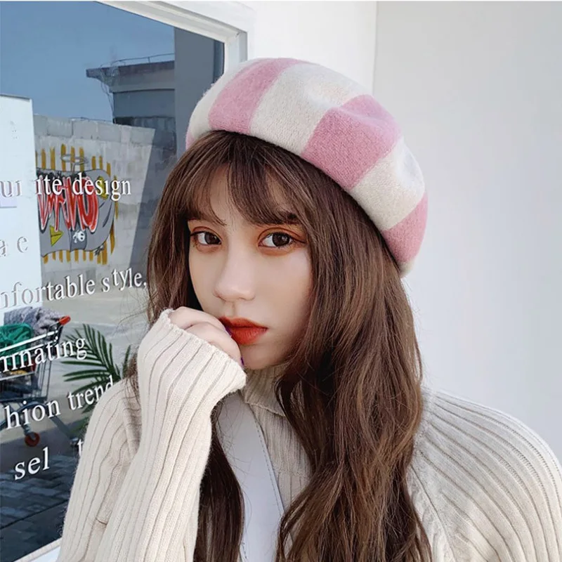 Женская шапка 100% шерсти берет вязаный твид контрастная полоса японский художник британский ретро осенне-зимние шляпы на.