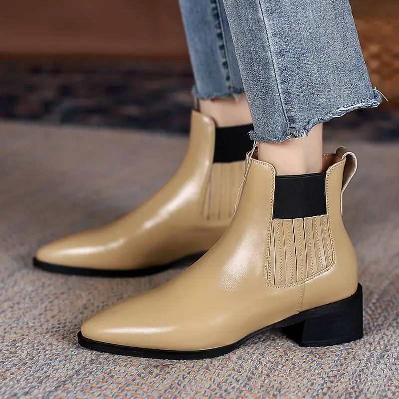 

Классические Стильные Теплые ботильоны на осень и зиму, теплая обувь, бычья кожа, без застежки, базовая обувь, женские ботинки челси на среднем каблуке