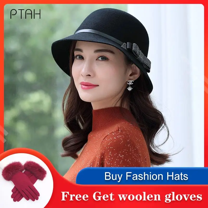 

[PTAH] Модные Шляпы федоры для женщин темпераментные элегантные церковные теплые шапки для осени и зимы женские шапки из 100% шерсти высокого качества