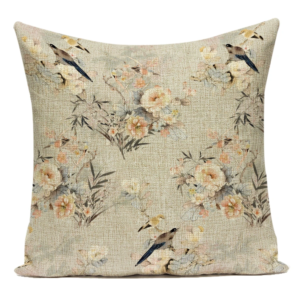 

45x45 Cushion Cover Artistic Flowers Bird Print Sofa Decorative Pillowcase Home Decor Floral Nordic Vintage Sofa Bedroom E2156
