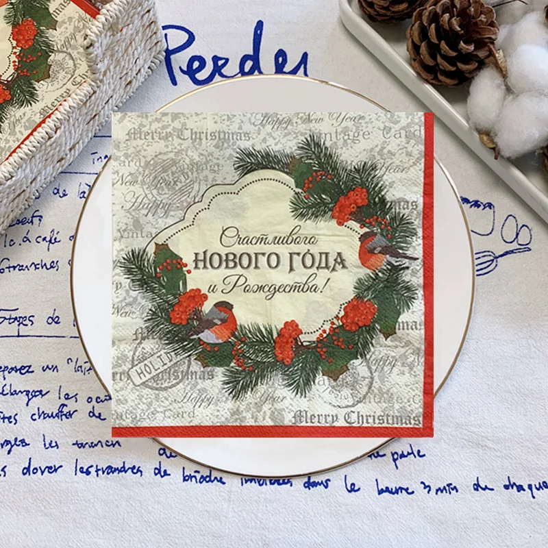 

20Pcs/Bag Merry Christmas Flower Paper Napkins Christmas Wreath Birds Decoupage Serviettes for Xmas Party Tableware Decor