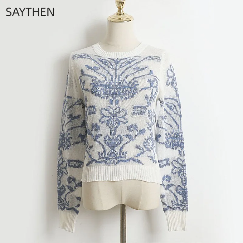 

SAYTHEN Women's Summer and Autumn Flower and Plant Pattern Jacquard Knitted Long Sleeve Pullover Thin Round Neck Sunscreen Shirt