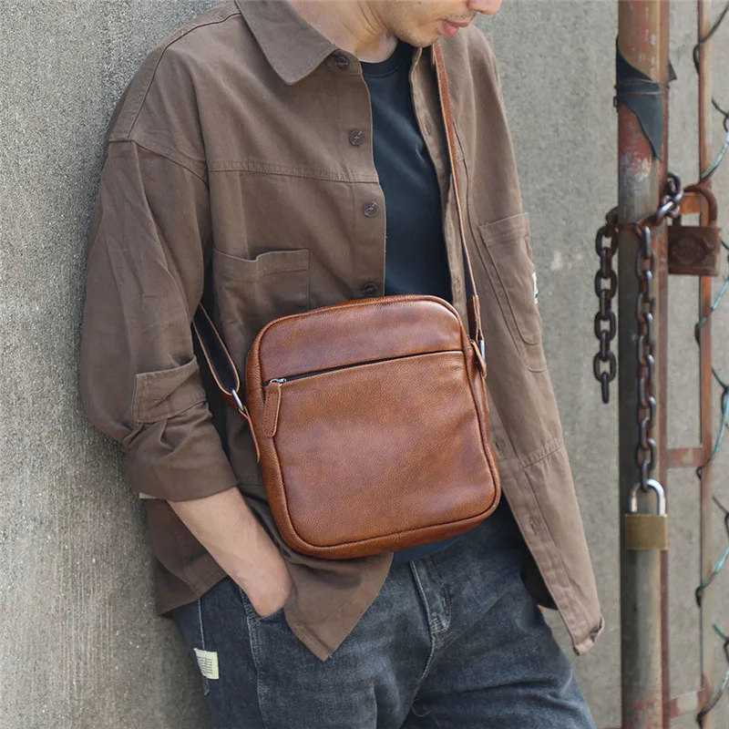 Simple casual high quality natural real leather men small square bag outdoor organizer top cowhide youth shoulder messenger bag