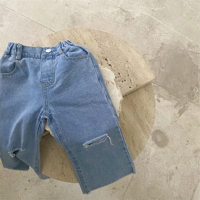 MILANCEL 2022 Spring New Kids Clothes Loose Girls Ripped Jeans Solid Girls Pants Denim Girls Pants