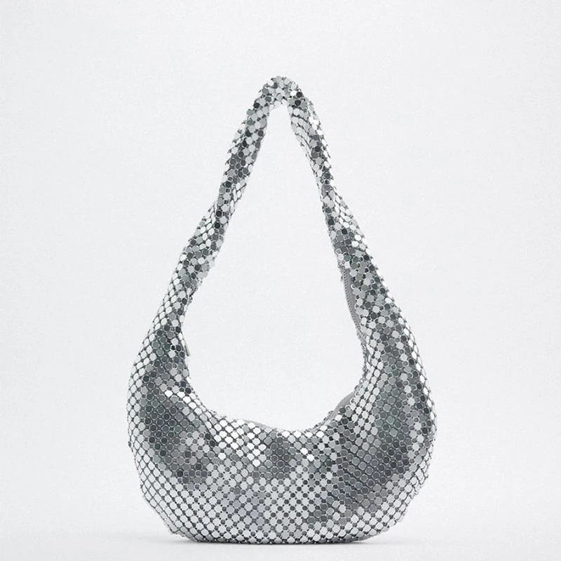 Bolso de hombro de malla de Metal plateado para mujer, Cartera de diseñador con textura de lentejuelas de alta calidad, media luna, monedero ZA