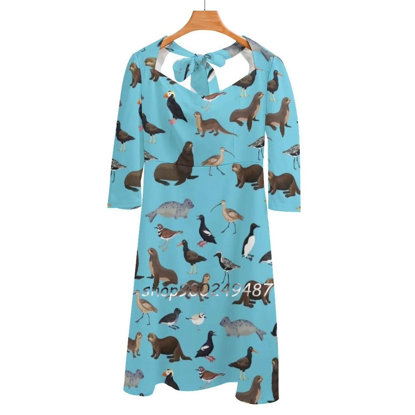 

Платье женское с квадратным вырезом, Элегантное Длинное облегающее платье с птицами и млековыми животными, чёрный Ловец снега