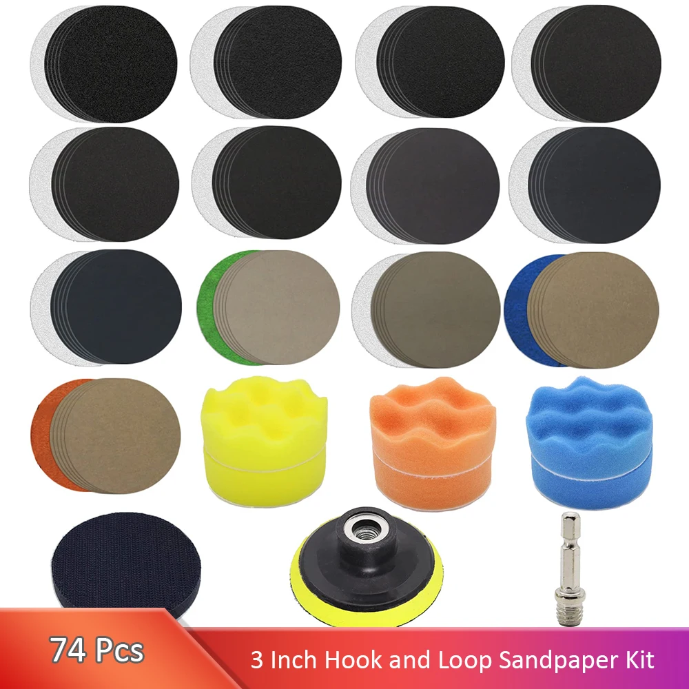 

74pcs Sandpaper 3Inch Sanding Disc 60-10000 Grit Wet Dry Sandpaper with M10 for Wood Metal Car Polishing Headlight Cleaner Set
