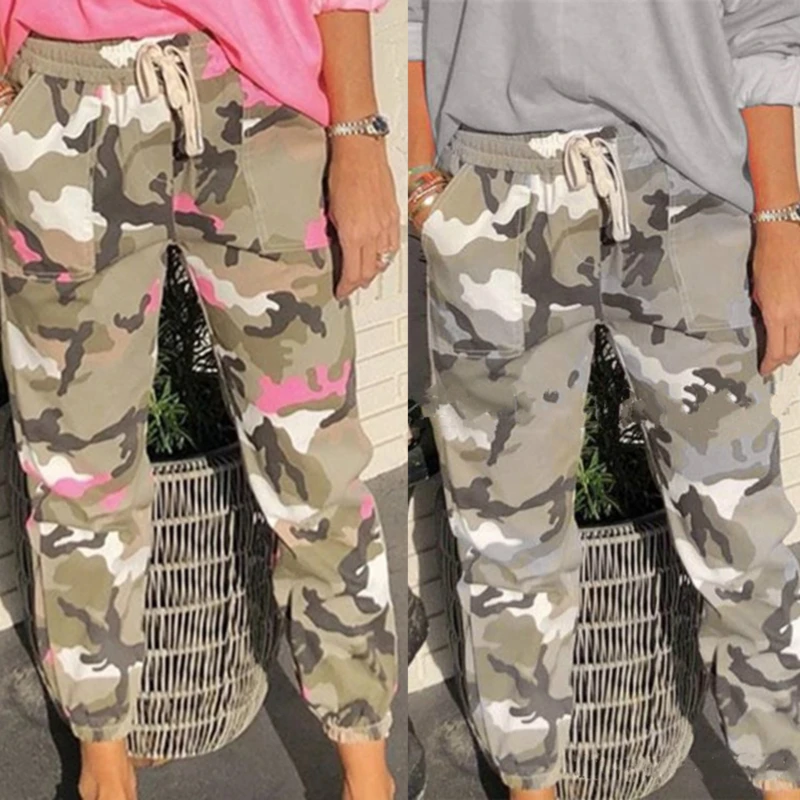 Gray  Camouflage Print High Elastic Waist Full Length Camo Cargo Pants Women Clothes Sweatpants Casual Loose Trousers