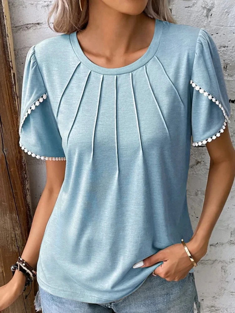 

Women's Fashion Lace Short Sleeve T-Shirt Tops Summer Solid Color Round Neck Oversized Casual Shirts Female