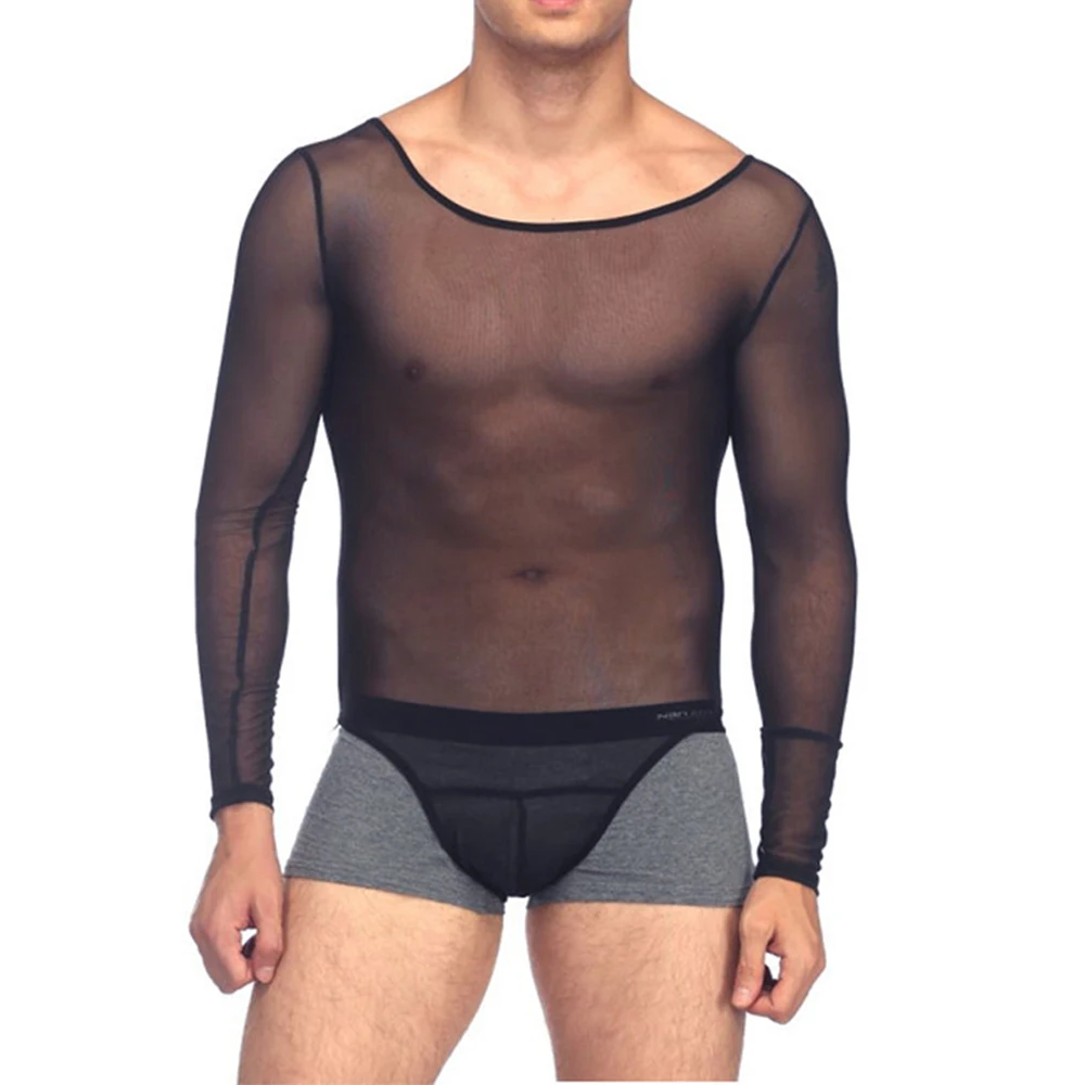 

Men High Stretch Mesh See-Through T-Shirt Gay Bodysuit Nightclub Ds Fancy Jumpsuit Sexy Underwear Long Sleeve Pantyhose Panties
