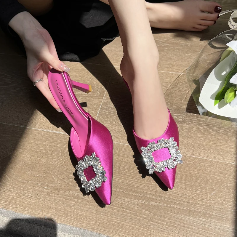 Pointed Toe Slingback Mules Women Fashion Square Rhinestone  Women's Sandals Sexy Thin Heels Party Slippers 2023 Summer Sandals