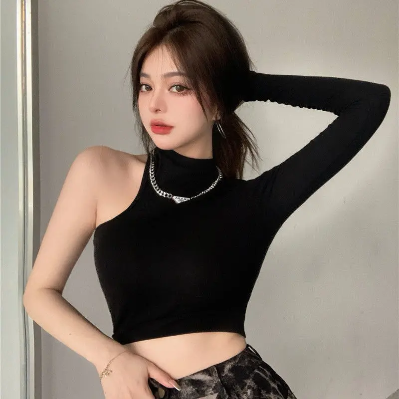 Hot Girl Ins Trendy Street Off-the-Shoulder T-shirt Women's Spring and Autumn Thin Irregular Short Tight Long-Sleeved Top